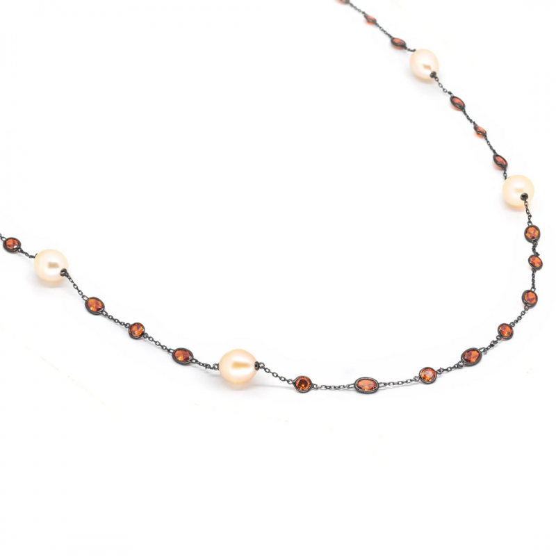 Collana lunga in argento, perle e zirconia arancio