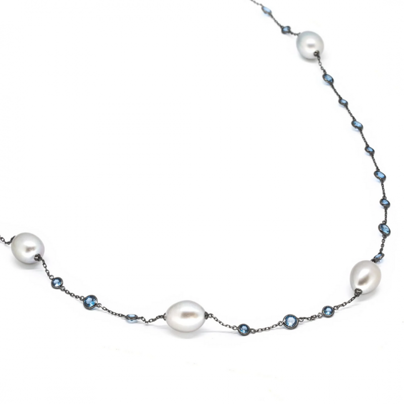 Collana lunga in argento, perle e zirconia blu